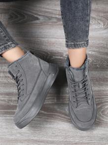 Women's Zip-Up Snow Boots, Latest 2025 Autumn/Winter High-Top Sneakers, Thermal Lined Thick Warm Fur Boots, Side Zipper Closure, & Fashionable Mid-Calf Boots, Flat Round Toe, Non-Slip & Waterproof Leather, Outdoor High-Top Sneakers, Cold-Resistant & Anti-Freeze, Suitable For Couples, Holiday Outings, Parties, Shoes - Grey - View 5