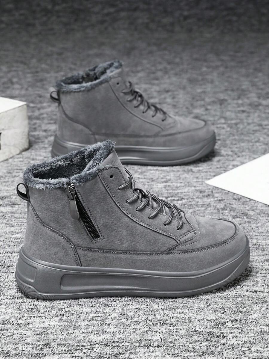 Women's Zip-Up Snow Boots, Latest 2025 Autumn/Winter High-Top Sneakers, Thermal Lined Thick Warm Fur Boots, Side Zipper Closure, & Fashionable Mid-Calf Boots, Flat Round Toe, Non-Slip & Waterproof Leather, Outdoor High-Top Sneakers, Cold-Resistant & Anti-Freeze, Suitable For Couples, Holiday Outings, Parties, Shoes - Grey - View 1