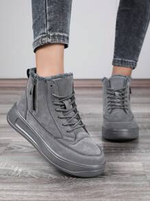 Women's Zip-Up Snow Boots, Latest 2025 Autumn/Winter High-Top Sneakers, Thermal Lined Thick Warm Fur Boots, Side Zipper Closure, & Fashionable Mid-Calf Boots, Flat Round Toe, Non-Slip & Waterproof Leather, Outdoor High-Top Sneakers, Cold-Resistant & Anti-Freeze, Suitable For Couples, Holiday Outings, Parties, Shoes - Grey - View 2