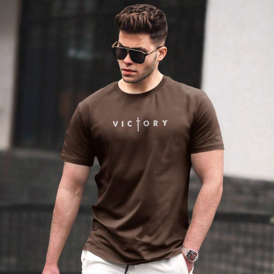Shirt Men's T-Shirt Premium Mesh Printed Basic T-Shirt Victory - 鏽棕色 - 查看 1