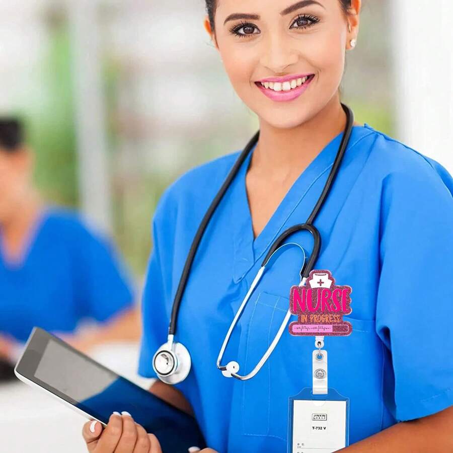 医疗系列亚克力闪光心形药瓶，卷轴伸缩徽章卷轴，狗牌夹，送给护士和医生的礼物 - 彩色 - 查看 1