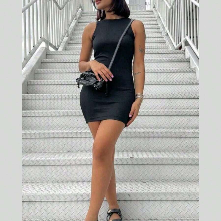BLOGGER'S SHORT RIBBED TANK TOP DRESS FOR WOMEN - màu đen - Xem 1