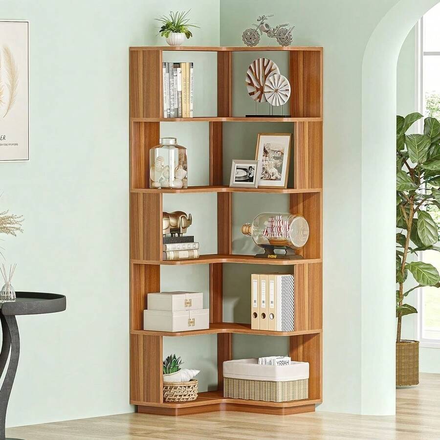 Tribesigns 6 Tier Corner Bookshelf Industrial 64.96 Inch Tall Wood