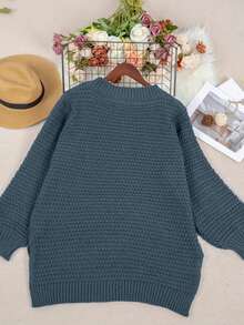 Plus Size Casual Solid Color Mock Neck Long Sleeve Knit Sweater - Navy Blue - View 2