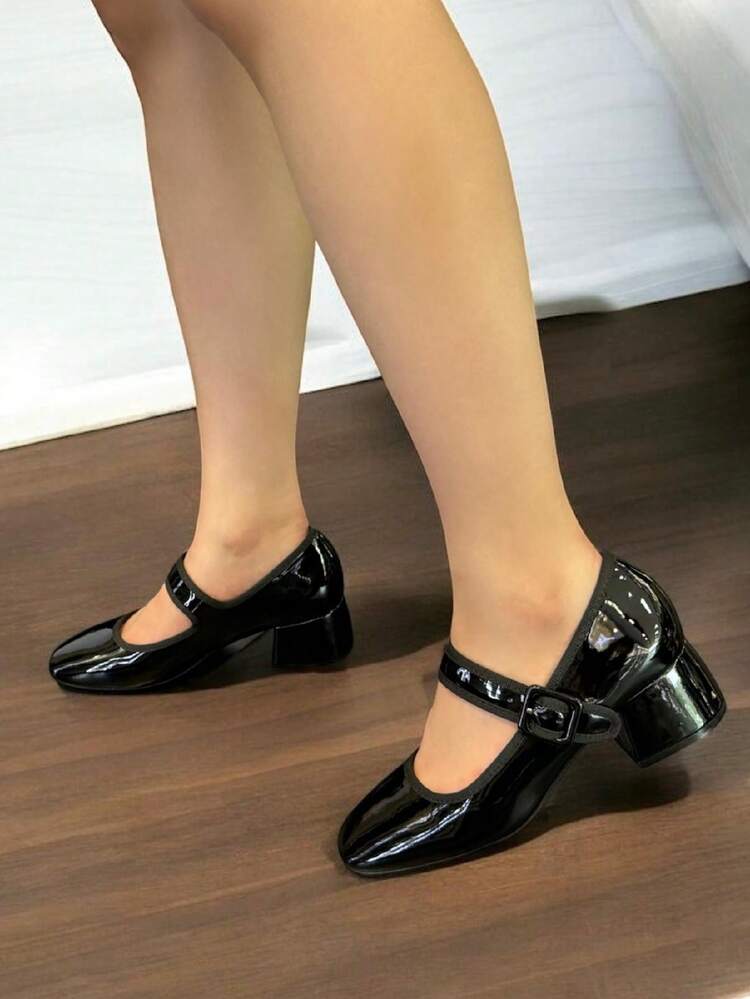 RevReaL Square Toe Chunky Heel Mary Jane Retro Single Strap Flats Stylish High Heels - Black - View 4
