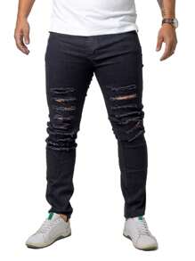 CALÇA Masculina Denin Slim RASGADA Elastano PRETA BF Presente Homem Moda Jeans Masculino 2025 Streetwear - Preto - Visão 3