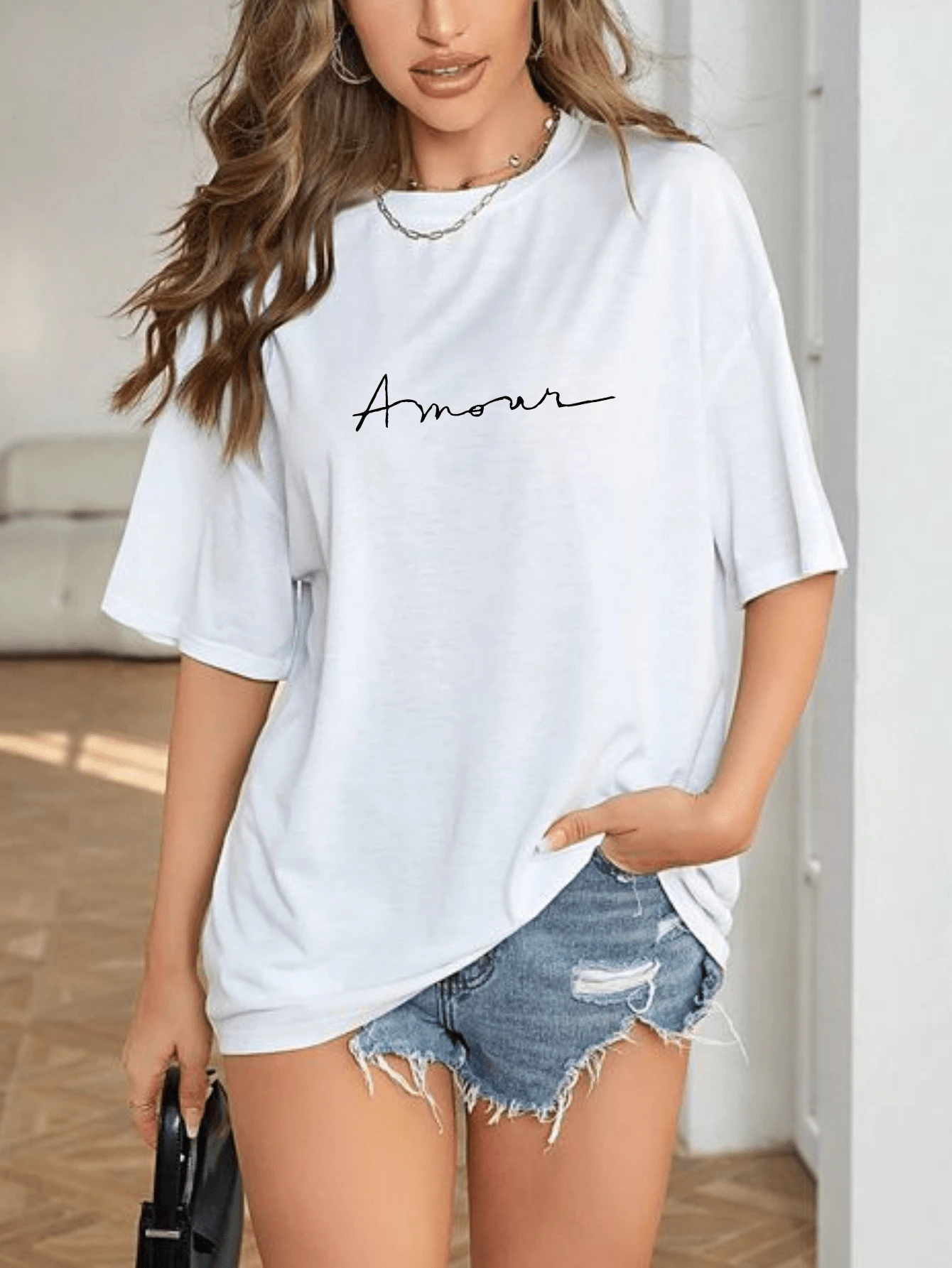 T-Shirt Oversized T-Shirt Love Print Fashion - 白色 - 查看 1
