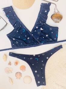 Maré&Cia Ruffled Bikini Bottoms Delta Wing Semi-Wire Triangle Top With Ruffle And Tie - Màu xanh hải quân - Xem 4