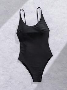 女士性感连体泳衣，U 型领口露背设计，纯色 - 黑色 - 查看 6