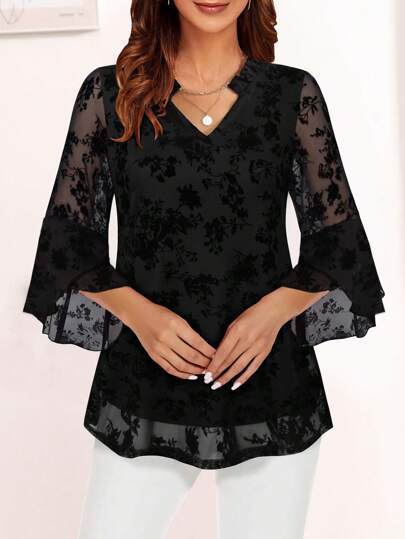 CheersLife Women's Fancy Blouses Double Layers Mesh Dressy Tops 3/4 Ruffle Bell Sleeve Shirts