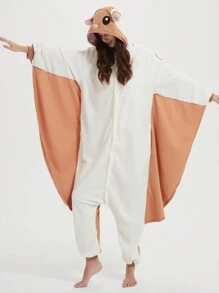Flying Squirrel Unisex, Plus Size Cartoon One Piece Pajamas, Fleece Thickened Hooded Jumpsuit, Fall, Winter, Christmas Animal Cosplay One Piece Pajamas, Funny One Piece Outfit For Halloween Party - Màu Khaki - Xem 3