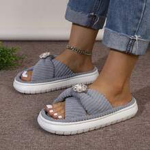 Women's Grey Stylish Simple Criss-Cross Strap Plush Lined Warm Lightweight Comfortable Sequin Faux Pearl Decor Slip-On Casual House Slippers - Grey - View 4