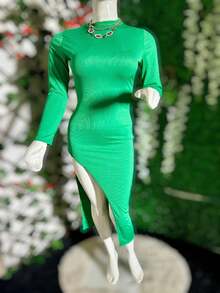 Long Sleeve Maxi Dress With Leg Slit High Neck - Green - View 1