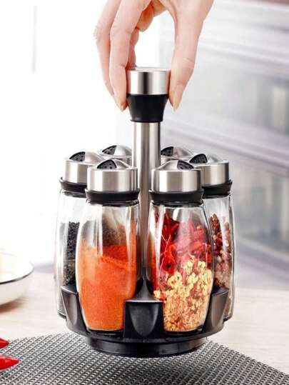 Porta Condimentos e Temperos Cozinha Giratório - Suporte com 6 Potes em Vidro + Suporte