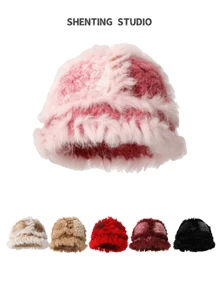 1 pieza Sombrero de cubo de piel de conejo sintética de moda tejido para mujer, gorro de orejeras de peluche cálido y versátil para otoño e invierno - Sombrero tejido - Ver 9
