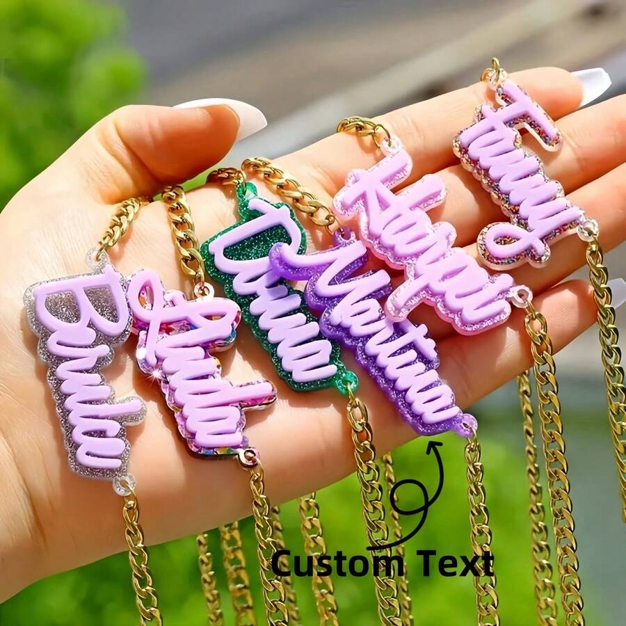 1 件多种款式可选定制 3D 闪光亚克力名字项链 - 个性化草书字母吊坠，不锈钢链，男女皆宜 - 完美的生日礼物 - 彩色 - 查看 1