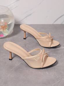 Sandalias de tacón alto de punta abierta color albaricoque, nuevas sandalias de verano para damas elegantes con malla transpirable y tacón fino - Albaricoque - Ver 5