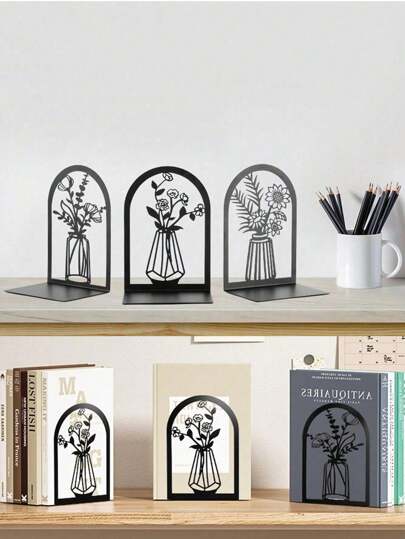 2 Pieces Floral Bookshelf Decor, Bookshelf Bookends, Desk Ends, Metal Black Bookshelf, Heavy Book Bookshelf, Bookends 1 Pair, Office School Book Folders Storage Desk Decor, Book Ends For Thick Books, Book Ends For Home Office