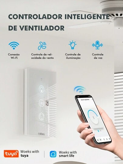 Interruptor de Luz do Ventilador Inteligente, Interruptor de Tela de Toque Inteligente WiFi, Controle Remoto para Celular, Interruptor de Temporizador, Velocidade Ajustável, Branco (3 botões), Adequado para lâmpadas e Ventiladores de teto