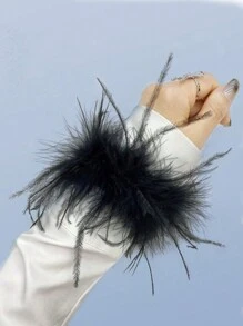Fashionable Black Party Accessory Feather Decorated Sleeve Cuff Christmas Celebration Style Clap Bracelet Hand Chain Soft Feather Wristband Solid Color Sleeve Cuff Foot Chain 2cm Wide For Women - Black - View 1