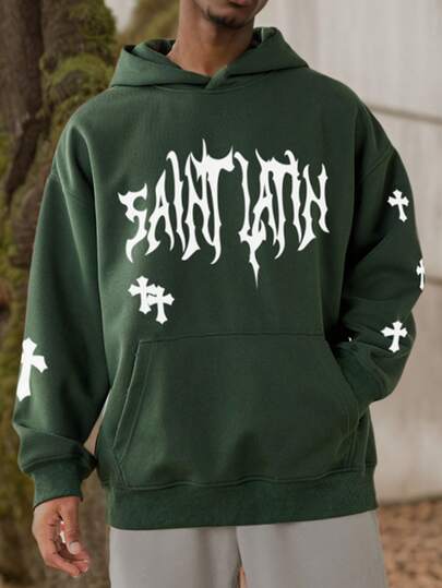 男友风男士宽松长袖连帽休闲运动衫带文字印花袋鼠口袋加厚保暖适合秋冬季