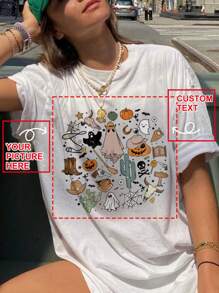 Camiseta personalizada de mujer - Diseña tu propia camiseta impresa personalizada agregando tus propias fotos (fotos familiares/selfies) Perro, gatitos, ornamental elegante, moda, hipster, contratado, acogedor, disfraz fácil, moda modesta, ropa de Navidad minimalista chic única - Blanco - Ver 2