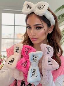 Cute Plush OMG Design Spa Wristband, Absorbent Coral Fleece Waterproof Headband Home Bathroom Decor Fall Decor Back To School - Multicolor - View 3