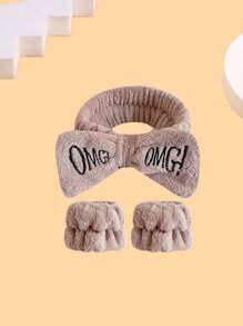 Cute Plush OMG Design Spa Wristband, Absorbent Coral Fleece Waterproof Headband Home Bathroom Decor Fall Decor Back To School - Multicolor - View 5