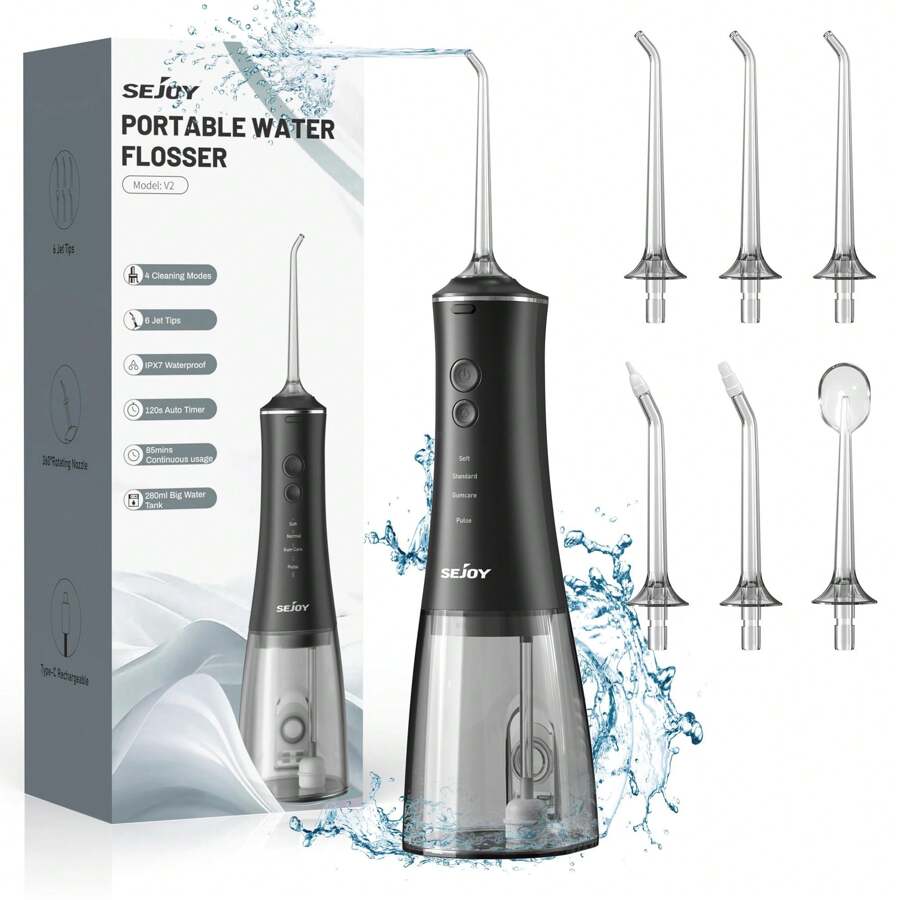 Electric Oral Irrigator, Portable Water Flosser, Multiple Cleaning Modes, 280ML Water Tank, With 6 Different Functional Nozzles, Effectively Removing Food Residue , Improving Oral Health - 黑色 - 查看 1
