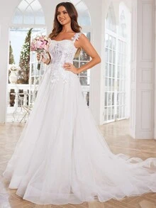 Élégante robe de mariée longue avec épaules dénudées et illusion de dentelle, avec traîne pour les femmes. Robe de bal en tulle avec laçage au dos. Robe de mariée pour mariage en extérieur, événement de mariage, robe blanche - Blanc - Voir 6