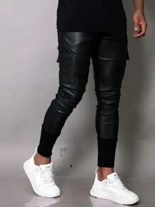 Lacapa Black Leatherette Slim Fit Streetwear Men's Resin Pants With Ribbed Cargo Pocket - 黑色 - 查看 2