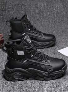 Men's Casual High-Top Leather Boots, Retro Stylish Ankle Boots For Spring Autumn And Winter, Suitable For Street, Driving, Camping, Work, Fashion For Young Men - Black - View 1