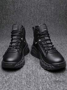 Men's Casual High-Top Leather Boots, Retro Stylish Ankle Boots For Spring Autumn And Winter, Suitable For Street, Driving, Camping, Work, Fashion For Young Men - Black - View 2