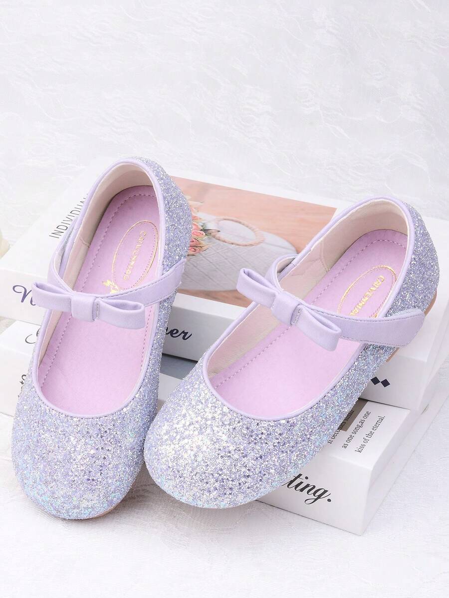 Children's Princess Shoes, Girls' Soft-Soled Flat Shoes With Bowknot, Sequin Dress Shoes