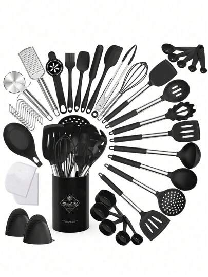Silicone Kitchen Cooking Utensil Set, 43 Pcs Spatula Set With Stainless Steel Handle, Non-Stick Heat Resistant - Best Cookware Set-(Black)