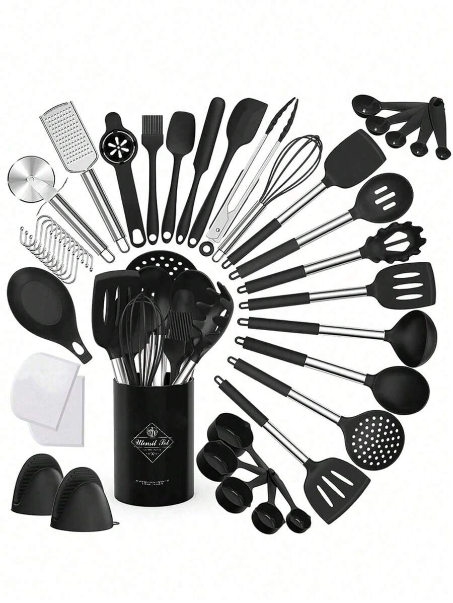 Silicone Kitchen Cooking Utensil Set, 43 Pcs Spatula Set With Stainless Steel Handle, Non-Stick Heat Resistant - Best Cookware Set-(Black) - Black - View 1