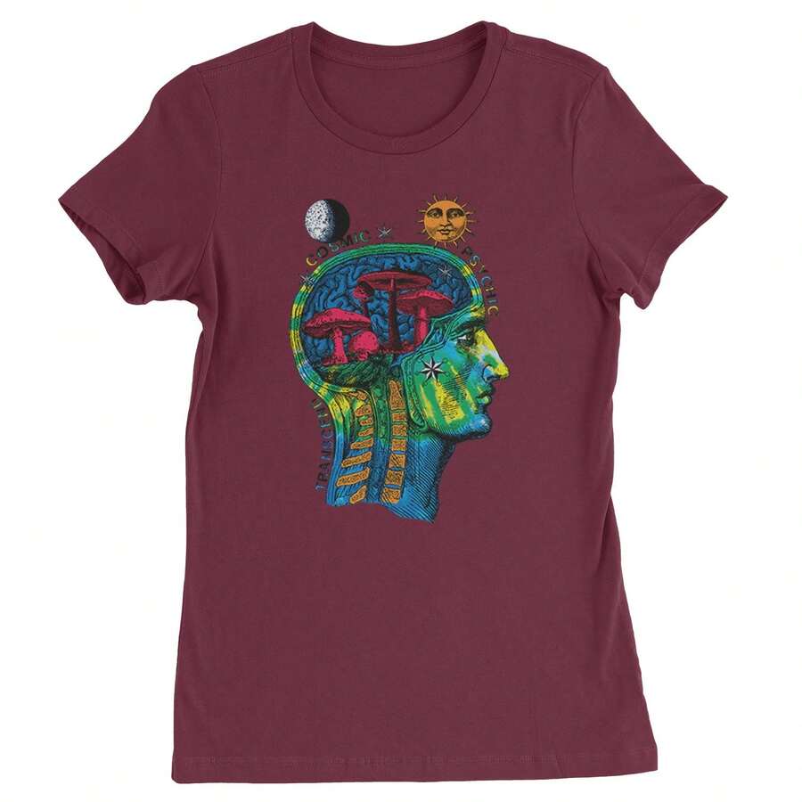 Psyche-Delic Cosmic Mushroom Head Womens T-Shirt - Maroon - View 1