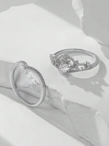 Bộ 2 chiếc/Bộ nhẫn mạ đồng hình vương miện thanh lịch & Cubic Zirconia, Quà tặng ngày lễ tình nhân hoàn hảo cho phụ nữ - Bạc - Xem 4