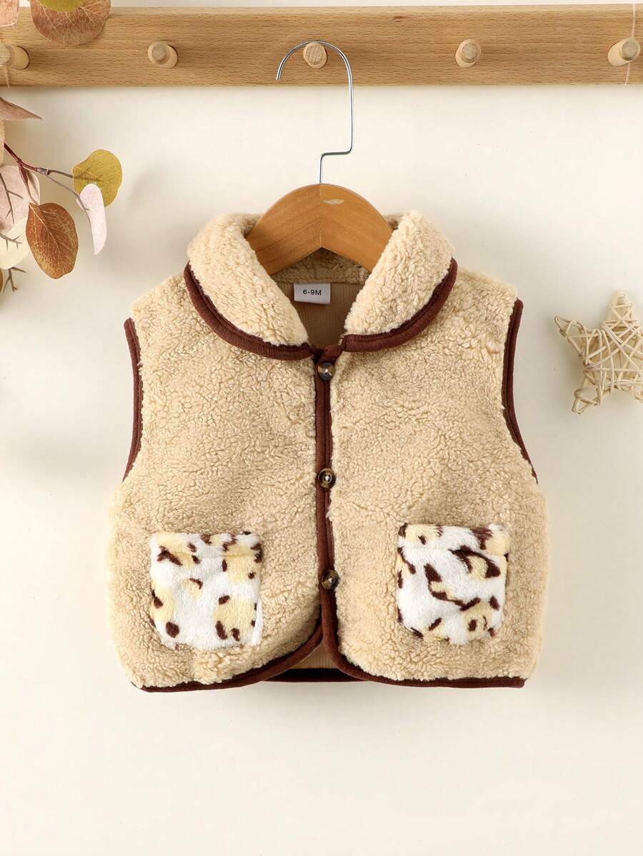 Gilet moelleux avec poches à motif léopard pour bébé fille - Kaki - Voir 1