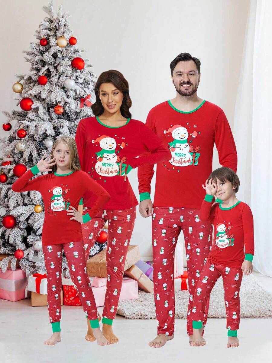 2 pièces Ensemble de pyjama assorti pour la famille de Noël, haut à manches longues et pantalon imprimés d'adorables bonhommes de neige, tenue de détente confortable, vêtements d'automne