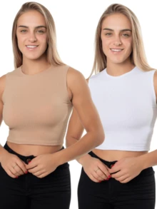 Kit 2 Cropped Blouse With Wide Strap Ribbed Tank Top CNL - Quế và trắng - Xem 1