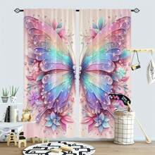 2pcs Elegant Colorful Butterfly Pattern Curtains, Pink Background Blackout Curtains, Door Curtain, Rod Pocket Window Curtain - Beautiful Home Decoration For Living Room And Bedroom - Easy To Install And Maintain Gifts Birthday Graduation