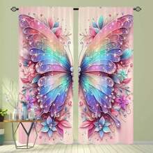 2pcs Elegant Colorful Butterfly Pattern Curtains, Pink Background Blackout Curtains, Door Curtain, Rod Pocket Window Curtain - Beautiful Home Decoration For Living Room And Bedroom - Easy To Install And Maintain Gifts Birthday Graduation
