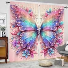 2pcs Elegant Colorful Butterfly Pattern Curtains, Pink Background Blackout Curtains, Door Curtain, Rod Pocket Window Curtain - Beautiful Home Decoration For Living Room And Bedroom - Easy To Install And Maintain Gifts Birthday Graduation