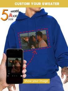 Custom Men Plus Size Hooded Sweatshirt - Add Your Own Text And Images (Family Photo/Selfie/Pet Photo/Friend Photo)To Design Your Personalized Printed Sweatshirt, Men Tops ,Fall Tops ,Blue Top,Custom Top,Custom Sweatshirt,Winter,Personalized Custom , Long Sleeve,The Best Gift, Wind-Proof,Warming - Blue - View 1