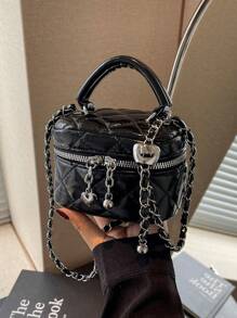 1pc Mini Women Handbag Fashionable Solid Color Embroidered Rhombus Pattern Crossbody Bag For Cards & Keys - Black - View 5