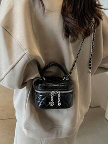 1pc Mini Women Handbag Fashionable Solid Color Embroidered Rhombus Pattern Crossbody Bag For Cards & Keys - Black - View 4