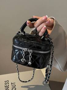 1pc Mini Women Handbag Fashionable Solid Color Embroidered Rhombus Pattern Crossbody Bag For Cards & Keys - Black - View 6