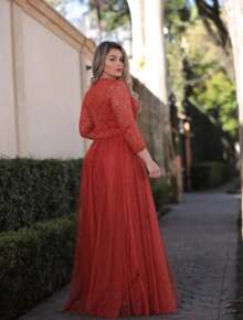 Evangelical Mother Of The Bride Dress, Discreet, LONG Sleeve, Olive, Navy, Rose, Marsala, Royal, Terracotta, Lilac, Serenity, Tifany Blue Or Petrol - 亮橙色 - 查看 2