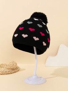 1pc Kids Colorful Heart Print Beanie Hat, Thin Knit Warm Hat With Cute Pom Pom Decor, Suitable For Autumn/Winter Daily Wear, New Year, Christmas, Dopamine Outfit
